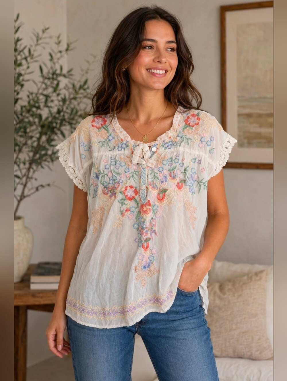 Johnny Was Ivory Gauzy Sheer Multicolor Embroidered Floral Tunic Sz XS Boho